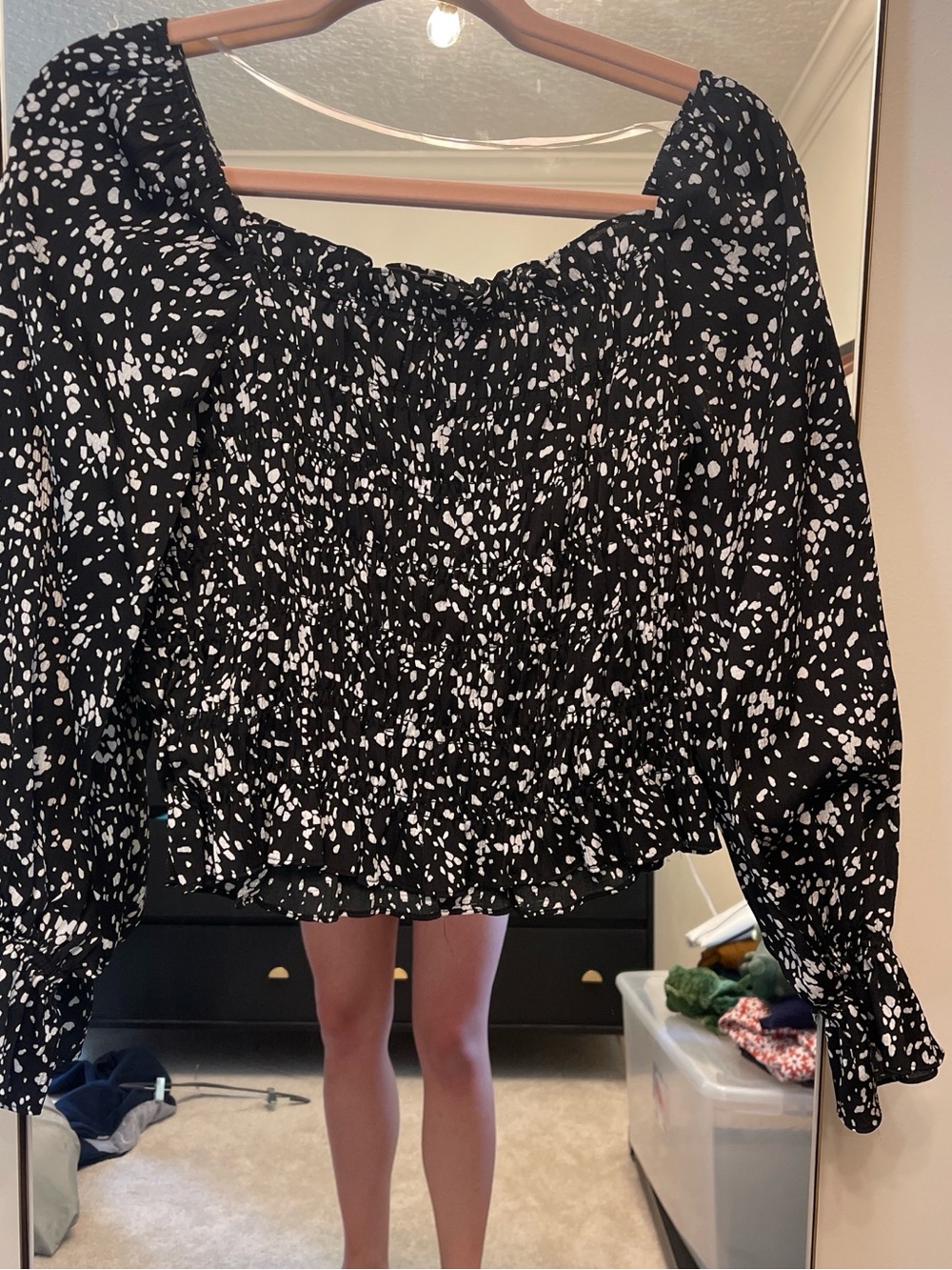 a new day Black and White Smocked Peasant Top